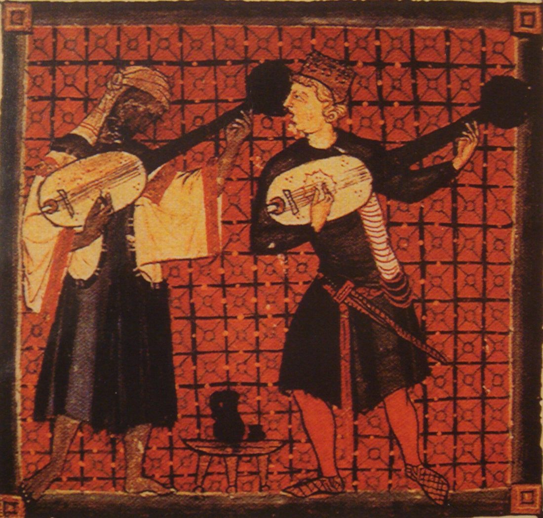 Miniature des Cantigas de Santa Maria montrant un musicien chrétien et un musicien musulman jouant du oud ensemble